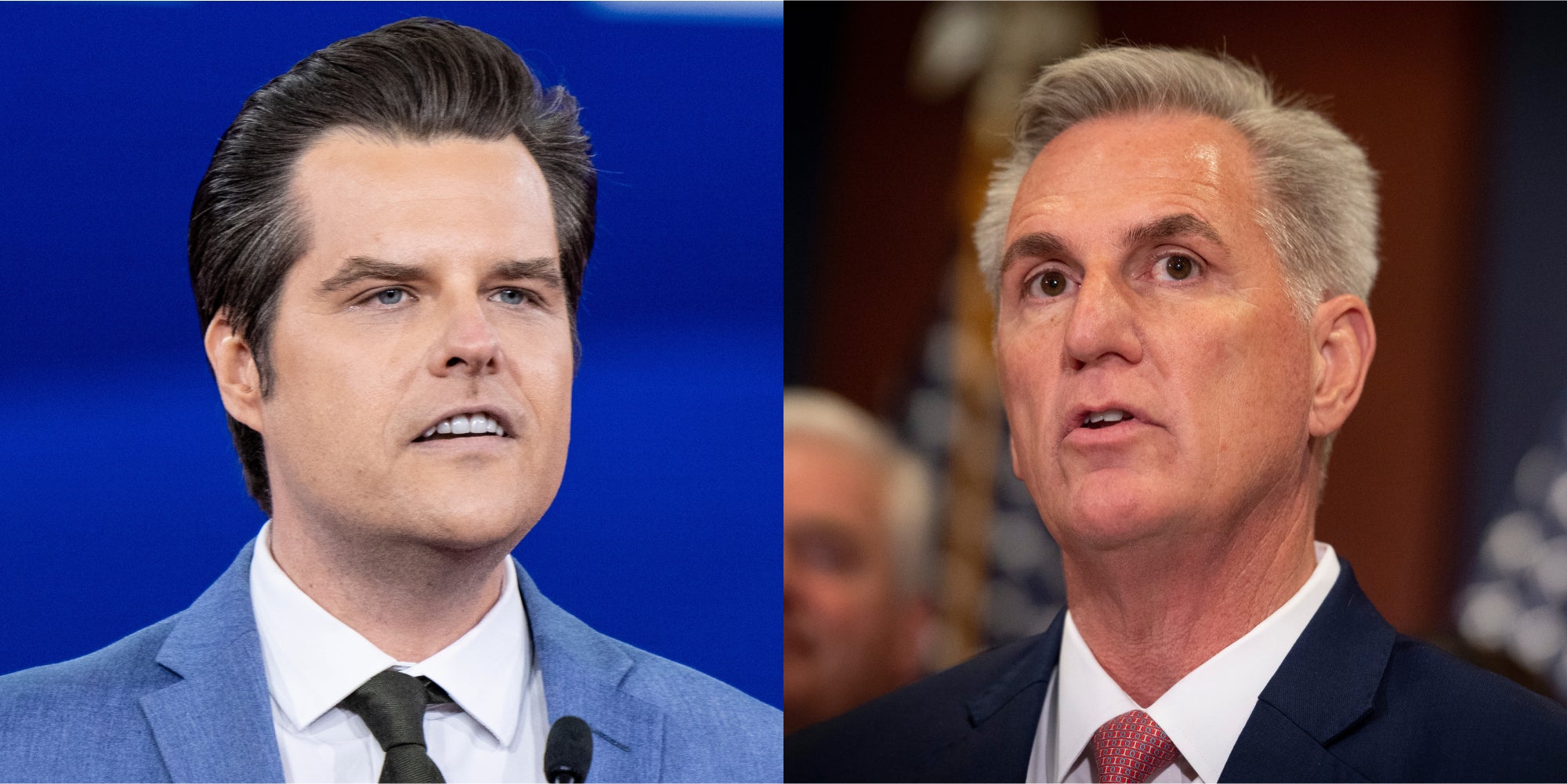 Matt Gaetz speaking in front blue background (l) Kevin McCarthy speaking in front of blurred background (r)