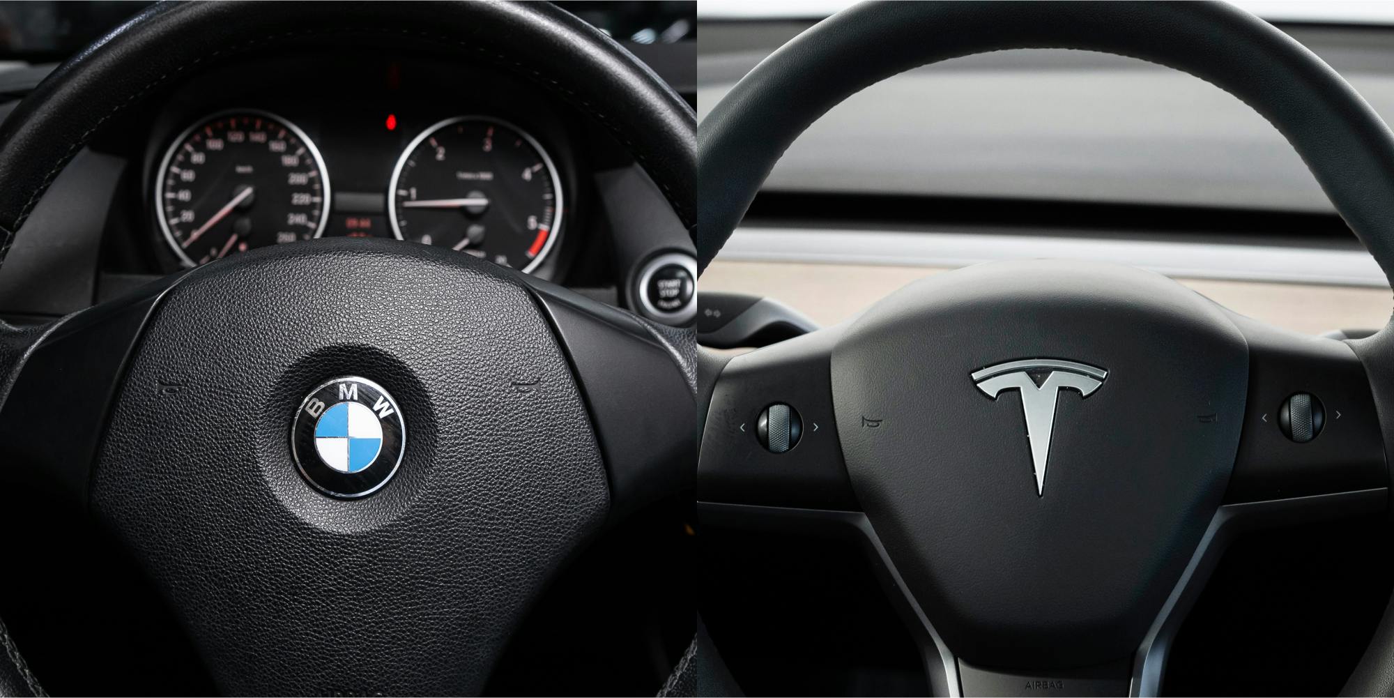 BMW steering wheel with logo (l) Tesla steering wheel with logo (r)