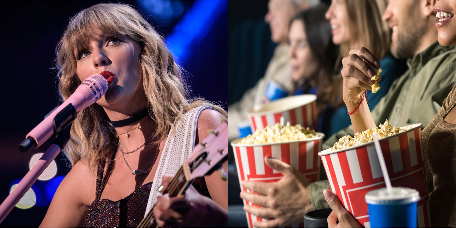 Taylor Swift singing into microphone (l) movie theater audience watching movie eating popcorn (r)