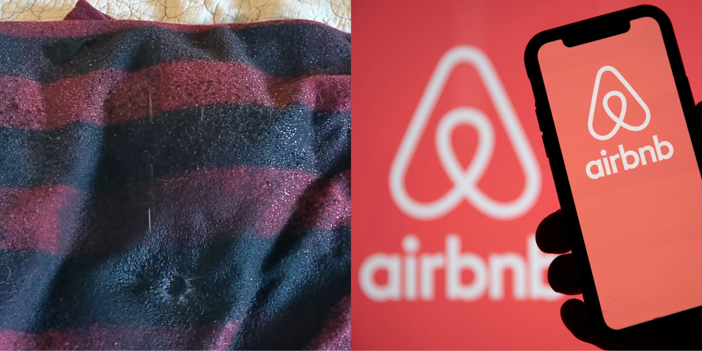 drops splattering on fabric (l) hand silhouette holding phone with Airbnb app open in front of Airbnb background (r)