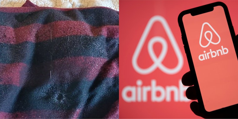 drops splattering on fabric (l) hand silhouette holding phone with Airbnb app open in front of Airbnb background (r)