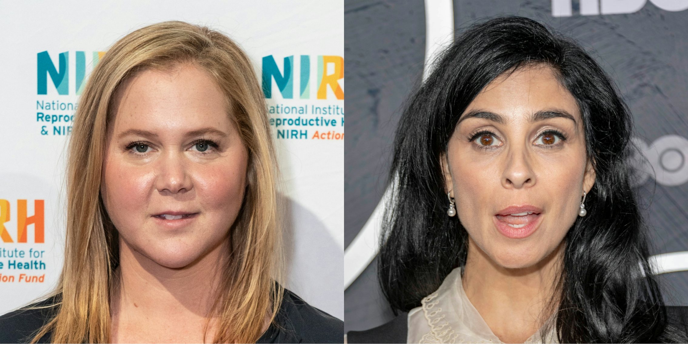 Amy Schumer in front of white background (l) Sarah Silverman in front of grey background (r)