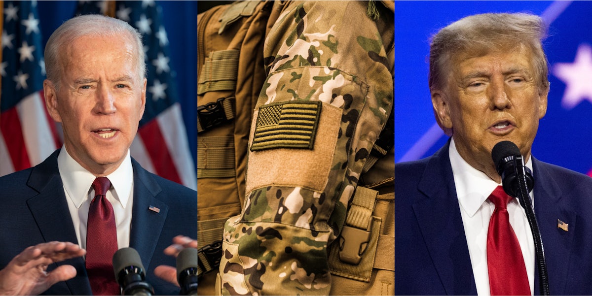 Joe Biden speaking in front of American Flag (l) US soldier in uniform (c) Donald Trump speaking in front of blue background (r)