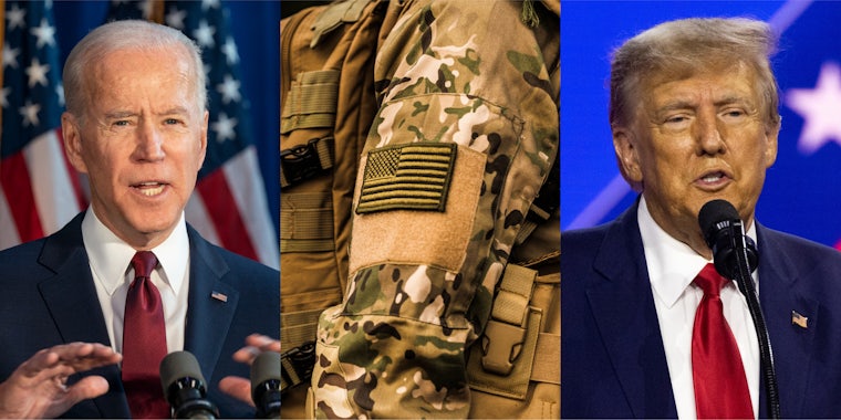 Joe Biden speaking in front of American Flag (l) US soldier in uniform (c) Donald Trump speaking in front of blue background (r)