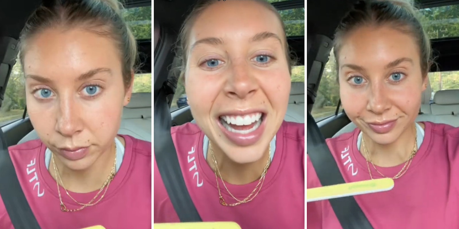 woman in pink shirt files her own teeth