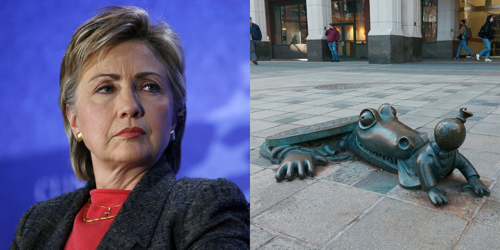 Hillary Clinton and a reptilian statue