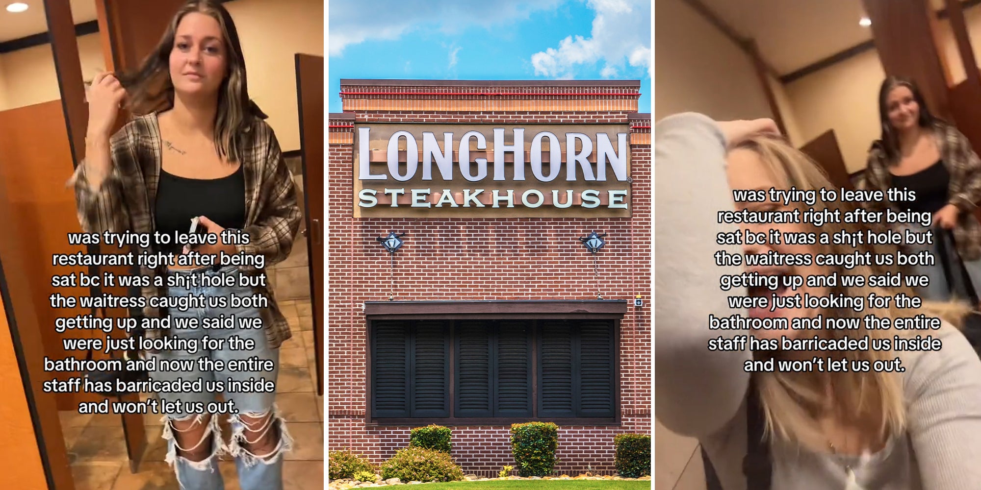 Two screenshots showing a person talking to the camera. In the middle is a Longhorn Stakehouse sign. 