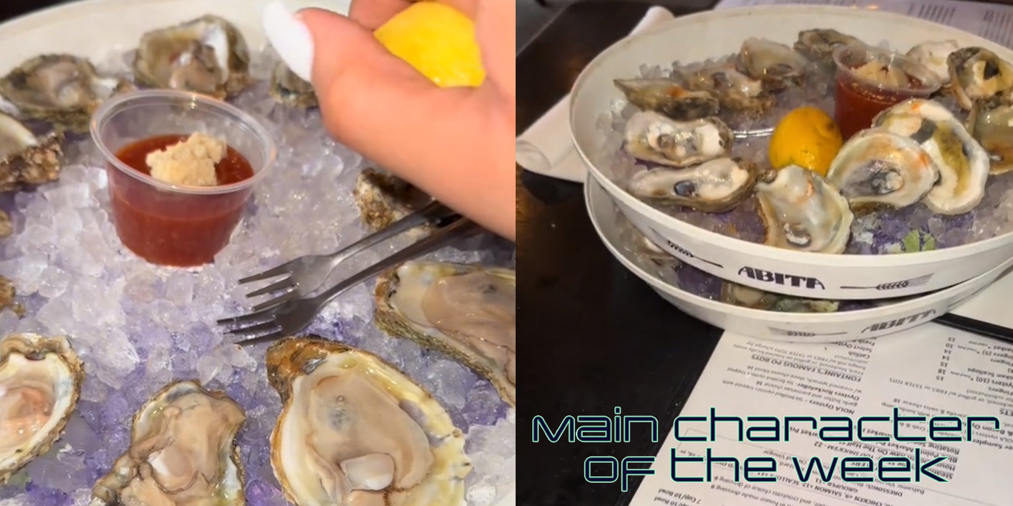 Two screenshots showing many oysters eaten by the 48 oysters girl. In the lower right corner is text that says 'main character of the week'