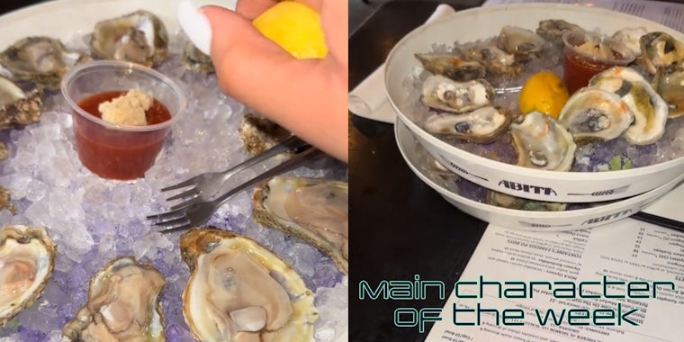 Two screenshots showing many oysters eaten by the 48 oysters girl. In the lower right corner is text that says 'main character of the week'