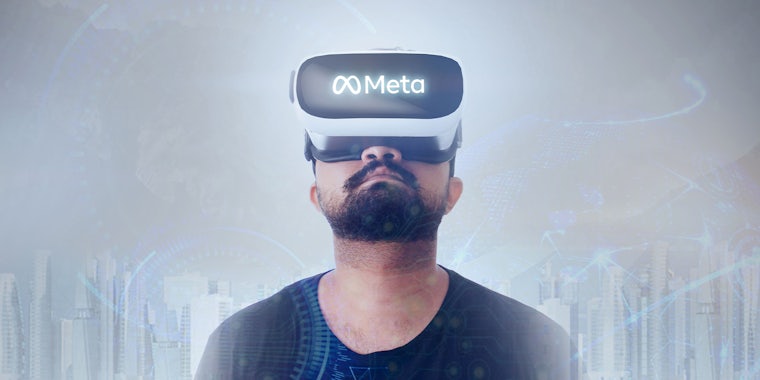 Man Wearing Virtual Reality Goggles Inside A Metaverse Looking Upside