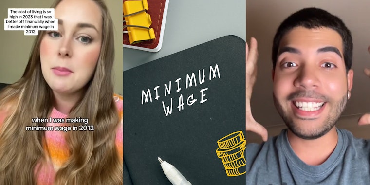 Woman and Man comparing the minimum wage difference when they worked in 2012 compared to 2023