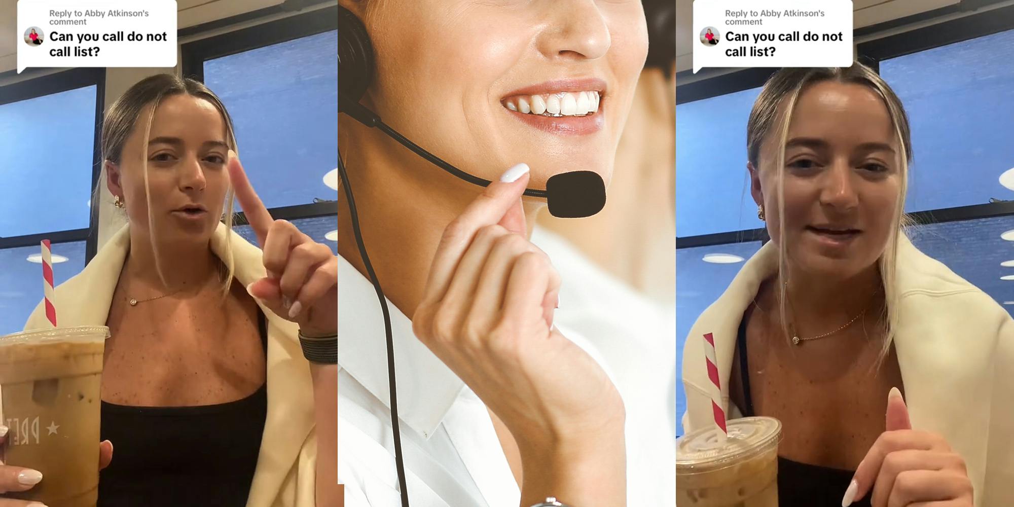 worker speaking with caption "Can you call do not call list?" (l) woman speaking into microphone at work (c) worker speaking with caption "Can you call do not call list?" (r)