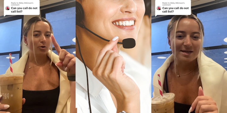 worker speaking with caption 'Can you call do not call list?' (l) woman speaking into microphone at work (c) worker speaking with caption 'Can you call do not call list?' (r)
