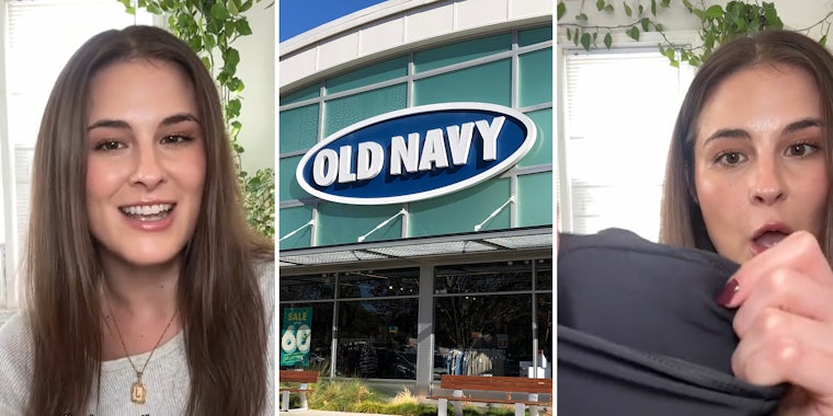 woman smiling; Old Navy store Front; Woman stretching old navy shorts