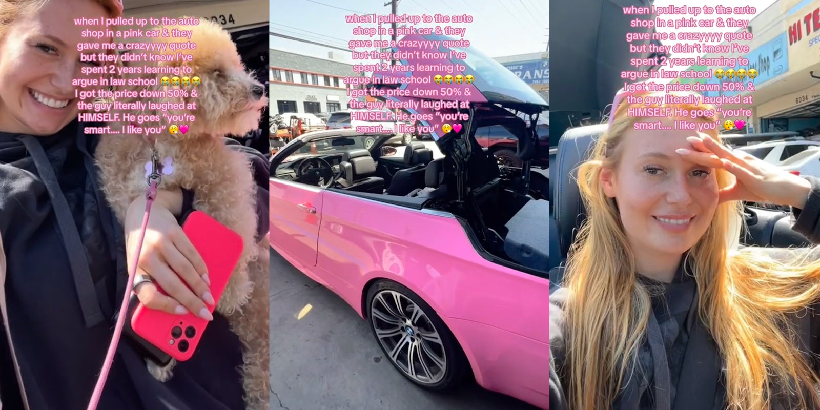 girl shows up in pink car to mechanic. they upcharge her 50%