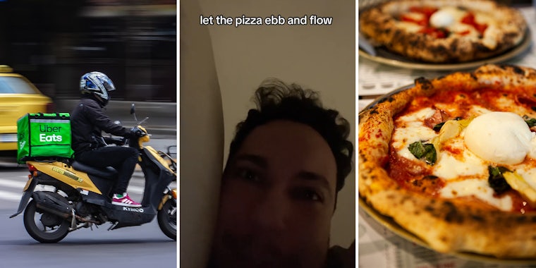 uber eats driver on a motorcycle; man in bed sharing story; Italian pizza