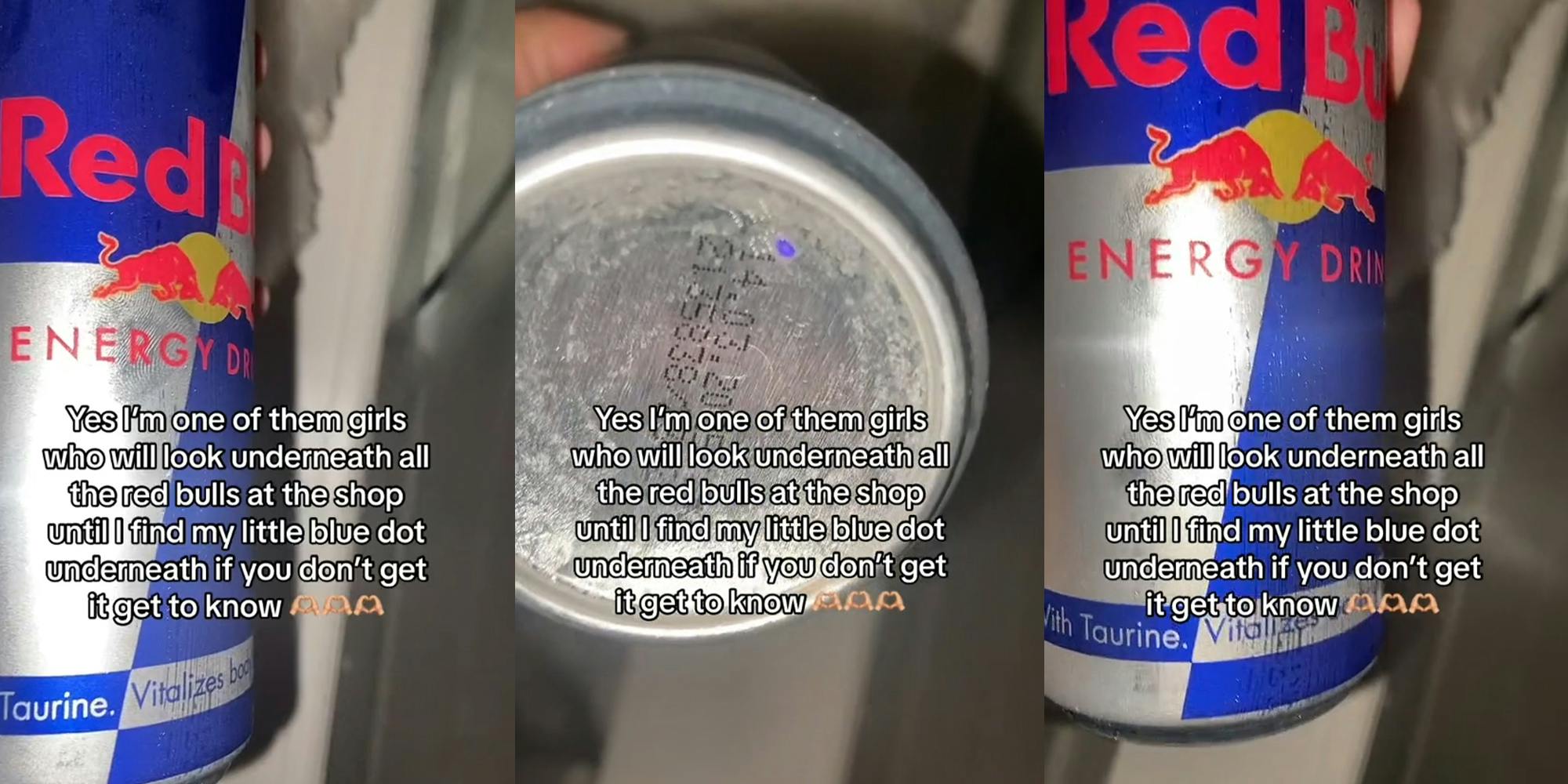People are trying to find small blue dots under Red Bull cans at the 7/11