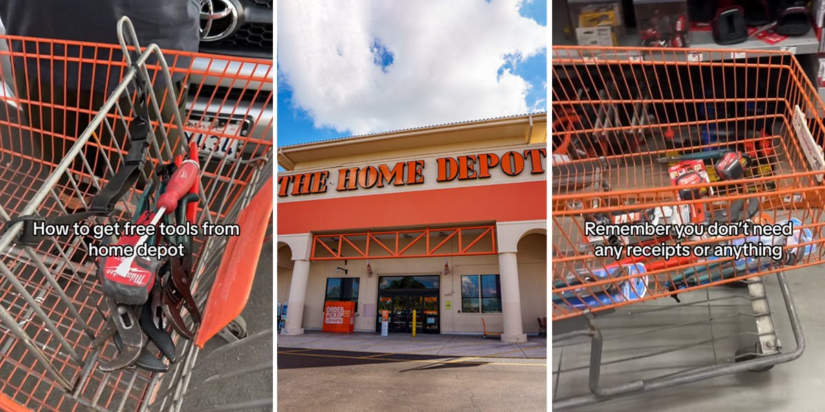 Home Depot shopping cart with tools with caption "How to get free tools from home depot" (l) The Home Depot building with sign (c) Home Depot shopping cart with tools with caption "Remember you don't need any receipts or anything" (r)