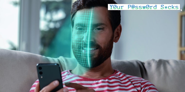 Man using smartphone with facial recognition system at home. Security application scanning his face for approving owner's identity