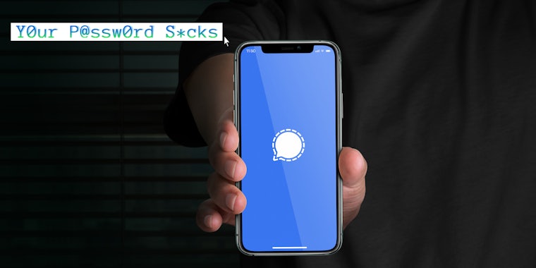 A person holding a phone with the Signal app on it. The Daily Dot newsletter column Your Password Sucks logo is in the top left corner.