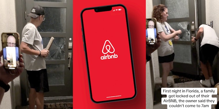 Man breaking glass door to open(l+r), airbnb logo on phone (c)