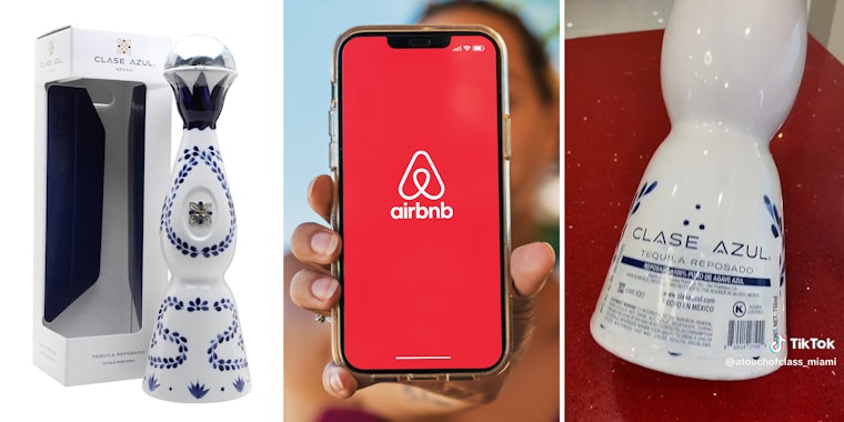 Clase azul Tequila bottle and box(l), Hand holding phone with airbnb app open(c), Back of Clase Azul bottle(r)