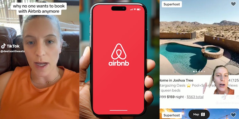 Woman talking to camera(l), Airbnb app on phone with hand holding phone(c), Woman showing airbnb listing on website(r)
