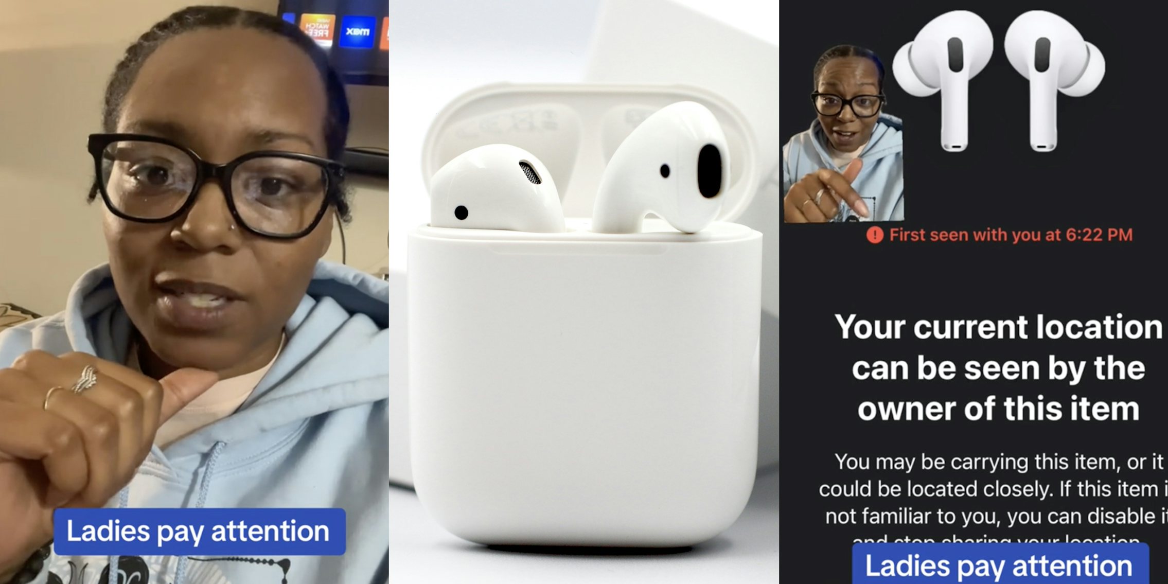 Woman with glasses speaking to camera(l), Airpods in case(c), Shared Screenshot of jacked airpods(r)