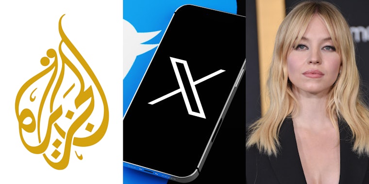 Al Jazeera logo, Phone with X app open, Sydney Sweeney