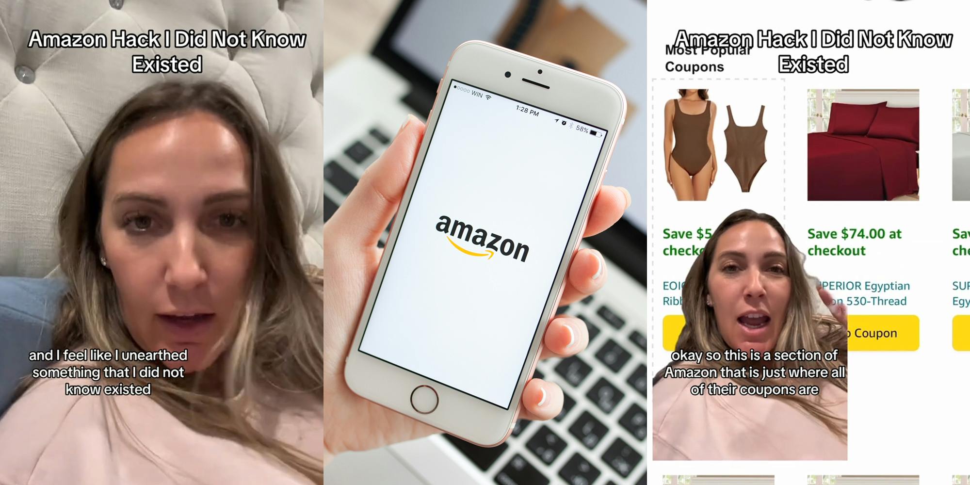Amazon shopper speaking with caption "Amazon Hack I Did Not Know Existed and I feel like I unearthed something I did not know existed" (l) Amazon app open on phone in hand over laptop (c) Amazon shopper greenscreen TikTok speaking over Amazon with caption "Amazon Hack I Did Not Know Existed okay so this is a section of Amazon that is just where all of their coupons are" (r)