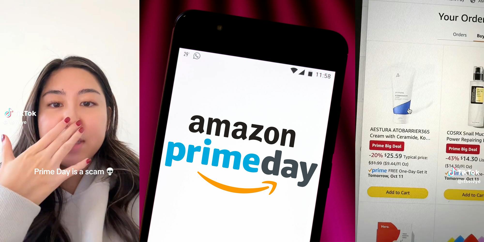 Woman covering her mouth(l), Phone with amazon prime day on the screen(c), a shot of amazon website with lotion(r)