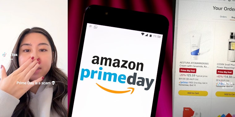 Woman covering her mouth(l), Phone with amazon prime day on the screen(c), a shot of amazon website with lotion(r)