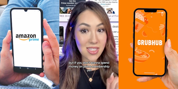 Close up of a phone looking at amazon prime(l), Woman talking in front of amazon prime screen(c), close up of a phone with grubhub screen(r)
