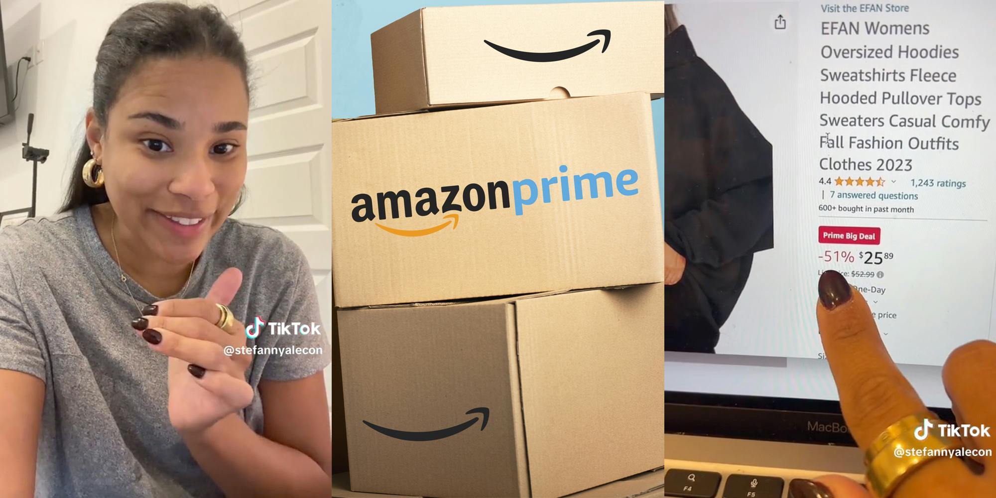 Woman speaking to camera(l), Stack of Amazon Prime boxes(c), Hand pointing to Amazon prime website prices(r)