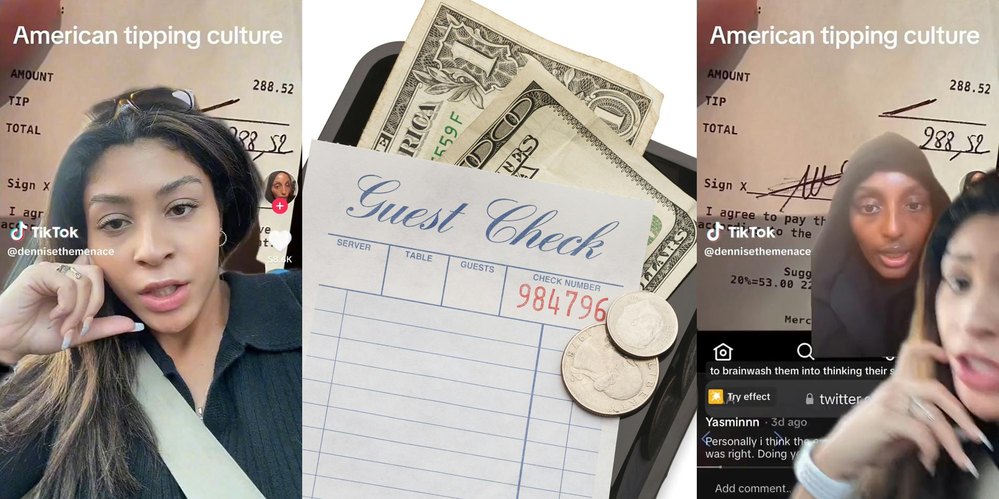 woman with caption "American tipping culture" (l&r) guest check (c)