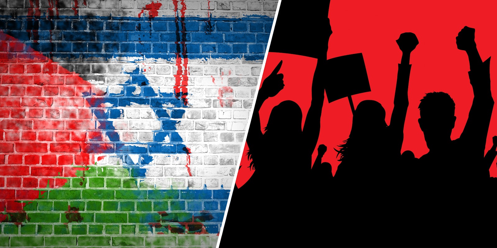Israeli and palestian flags on bricks(l), Graphic of protesters(r)