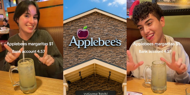 Applebee's customer at table with caption 'Applebee's margaritas $1 Bank account 4.97' (l) Applebee's sign on building (c) Applebee's customer at table with caption 'Applebee's margaritas $1 Bank account 4.97' (r)