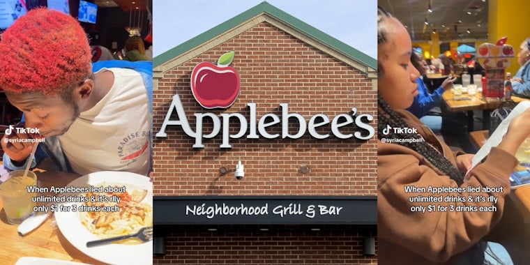 Man drinks from his margarita with at Applebee's(l), Applebee's storefront (c), Woman checking bill(r)