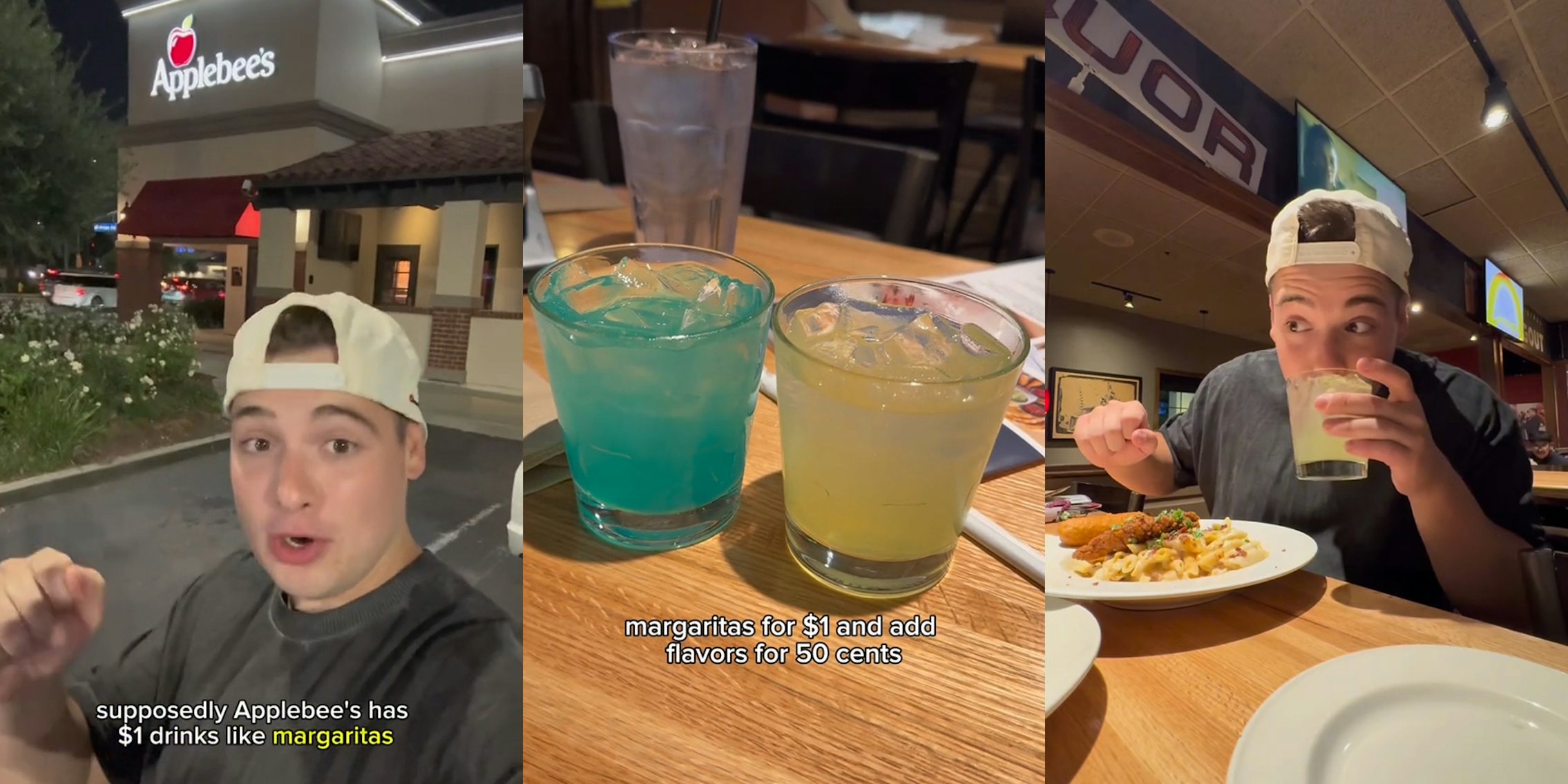 Applebee's customer speaking outside with caption 'supposedly Applebee's has $1 drinks like margaritas' (l) margaritas on table with caption 'margaritas for $1 and add flavors for 50 cents' (c) Applebee's customer drinking (r)