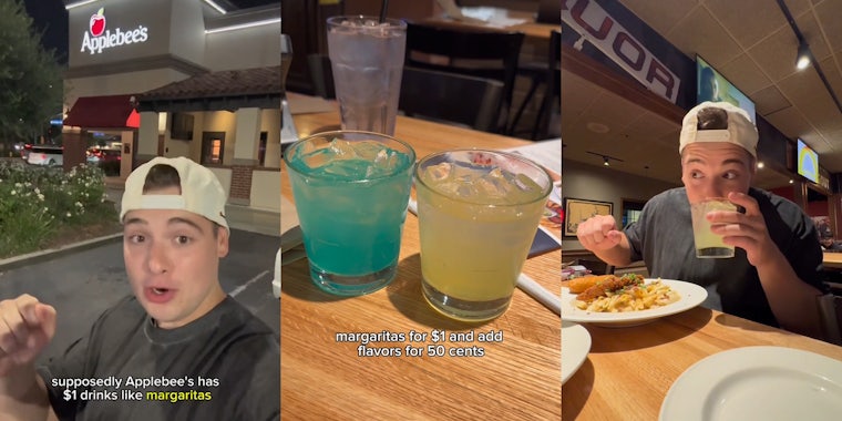 Applebee's customer speaking outside with caption 'supposedly Applebee's has $1 drinks like margaritas' (l) margaritas on table with caption 'margaritas for $1 and add flavors for 50 cents' (c) Applebee's customer drinking (r)