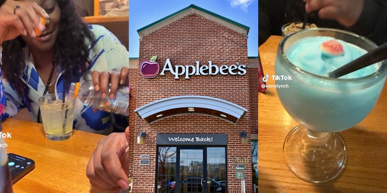 Woman sneaking liquor into drink(l), Applebee's brick storefront(c), Blue frozen margarita(r)