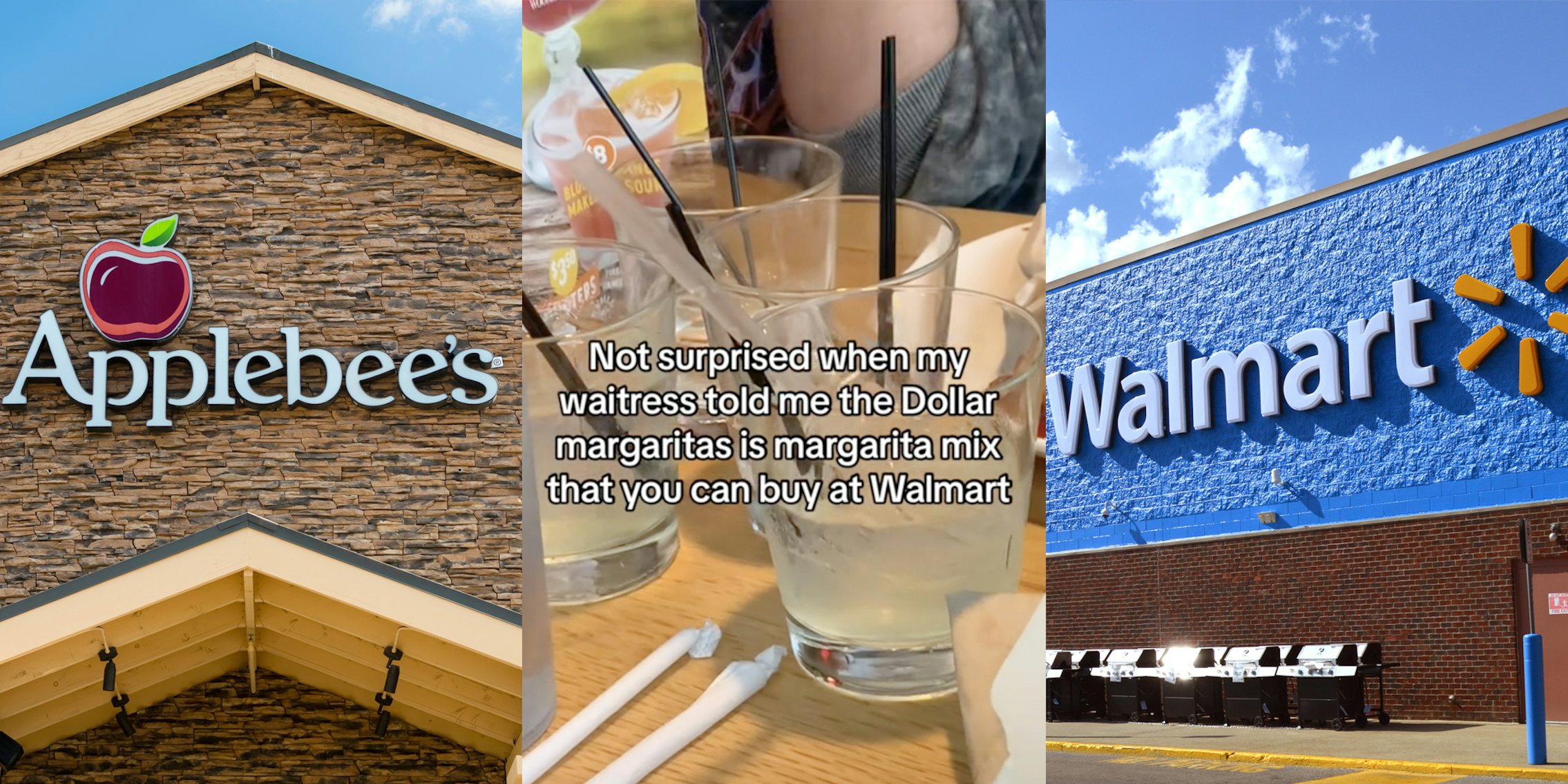 Applebee's storefront(l), Close up of Applebee's Margaritas(c), Walmart storefront(r)