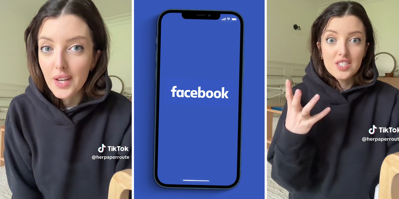 Woman talking to camera(l+r), Phone with Facebook app open