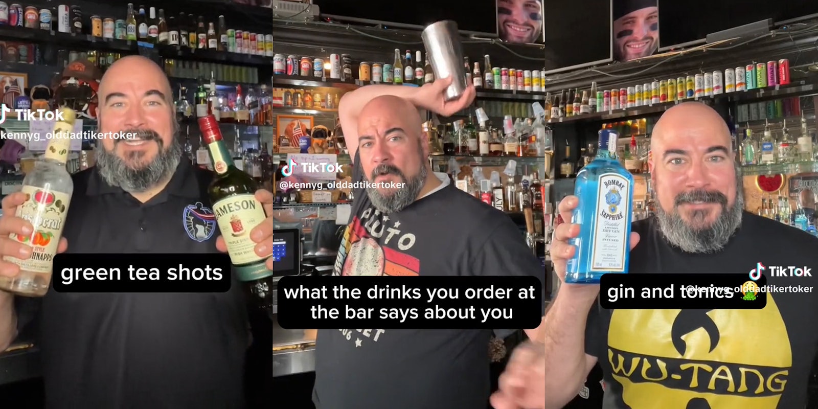 Bartender holding alcohol bottles(three split)
