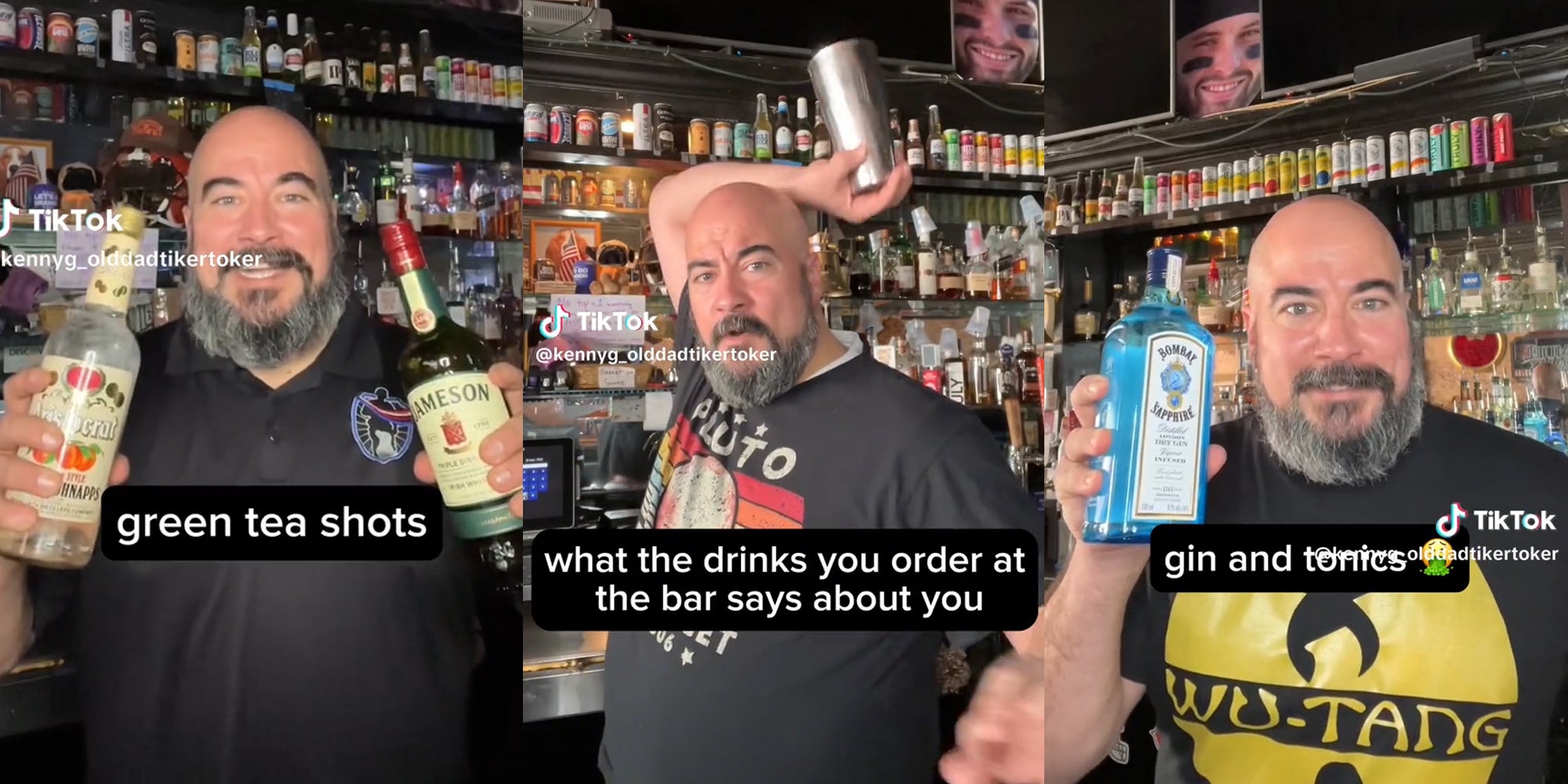 Bartender holding alcohol bottles(three split)