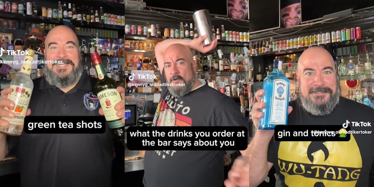 Bartender holding alcohol bottles(three split)