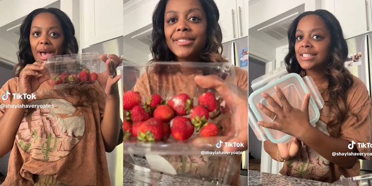 Woman holding plastic container of strawberries(l), Woman showing moldy strawberries(c), Woman holding tupperware(r)