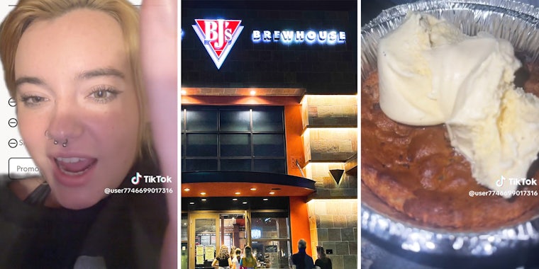 Woman talking to camera(l), Exterior Bj's Brewhouse(c), Pizookie(r)