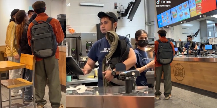 People standing in front of the register of Brew Bar while the cashier holds their backpack