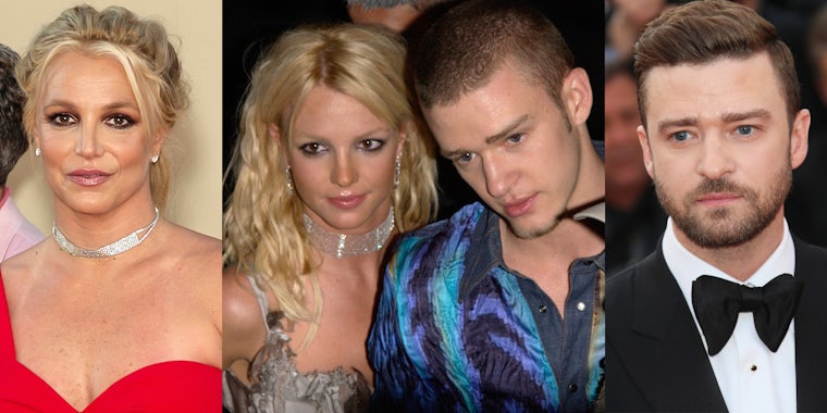 Modern Britney Spears(l), Britney Spears and Justin Timberlake together young(c), Modern Justin Timberlake(r)